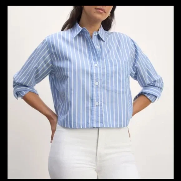 Everlane The Way-Short Striped Shirt XXS Silky Cotton Mariner Blue - Picture 2 of 8